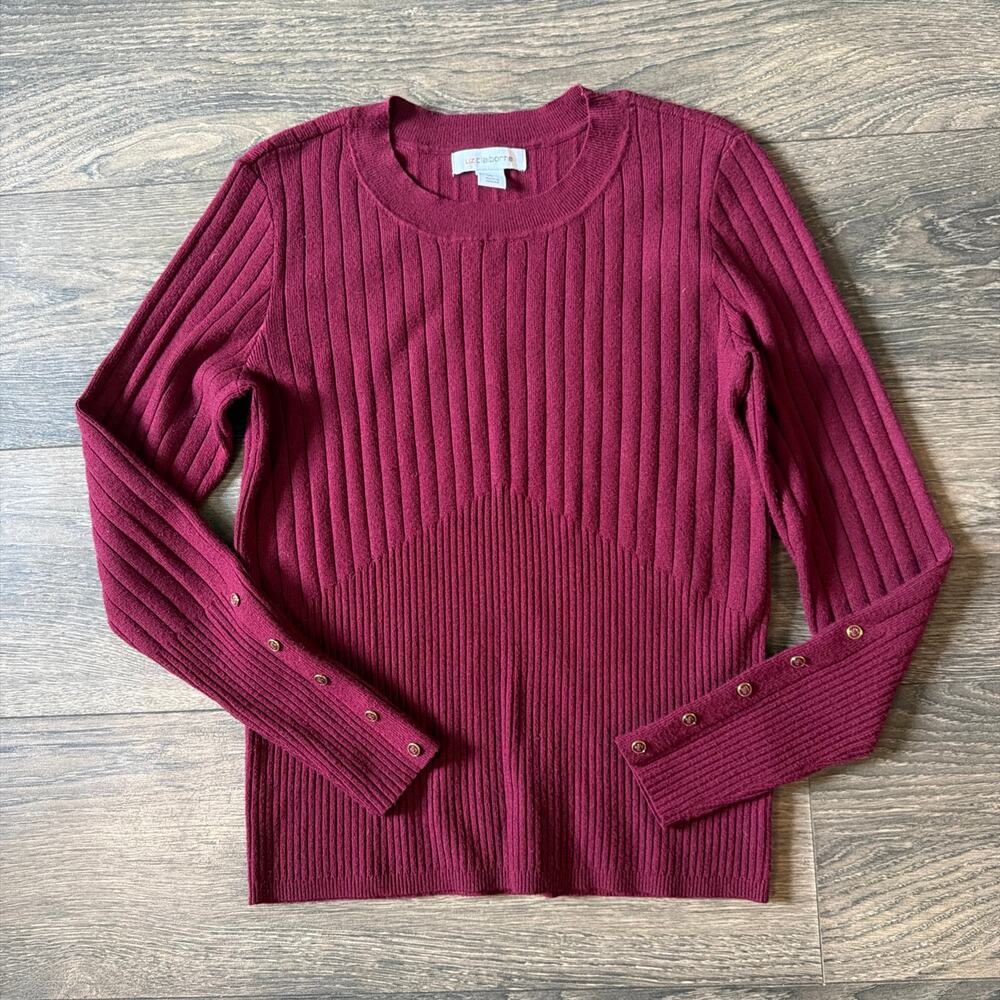 Liz Claiborne Sz. S Burgundy Ribbed Knit Sweater Gold Button Cuff Preppy Classic